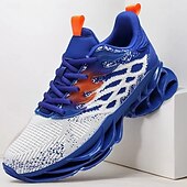 cheap Men's Running Shoes-Men's Blue Athletic Sneakers with Unique Hollow Sole Design, Breathable Knit Upper, and Flame Detail – Lightweight Running Shoes with Orange Accents