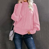 billige Solide farger-Dame Genser Elegant Mote Daglig Geometrisk Mock Neck Strikket Langermet Lange topper Strikke Arbeid Sjokkrosa Rød Høst Vinter