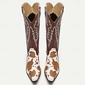 levne Cowboy &amp; Western Boots-pánské westernové kovbojské boty s hnědým a bílým kravským potiskem – vyšívaný design z umělé kůže, ideální pro rodeo, běžné nošení a venkovskou módu