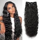 abordables Clip dans les extensions-Bouclé Clips Cheveux Synthétiques Longue Extension des cheveux A Clipser 4 pièces Résistant à la chaleur Femme