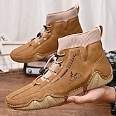 abordables Bottines-bottines décontractées en similicuir marron clair pour hommes avec détails cousus à la main, tige en tricot et lacets à bascule réglables - conception confortable et robuste pour l&#039;extérieur et le quotidien