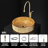abordables Lavabos de cubeta-Combinación de lavabo de baño redondo, lavabo de baño de vidrio enchapado contemporáneo y grifo de cascada con acabado cromado