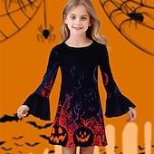 halpa Tyttöjen Halloween-asut-Halloween Tyttöjen 3D Kuvitettu Kurpitsa Mekko Ruffle mekko Pitkähihainen Kesä Kevät Päivittäin Pyhäpäivä Loma Kaunis Halloween Custom Lapset 4-12 vuotta Rento mekko Polvipituinen Polyesteri Normaali