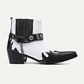 cheap Premium Leather Boots-Men&#039;s Premium Cowhide Black and White Motorcycle Boots with Studded Strap, Chain Detail, and Western Style – Perfect for Riding and Casual Wear