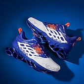 cheap Men's Running Shoes-Men's Blue Athletic Sneakers with Unique Hollow Sole Design, Breathable Knit Upper, and Flame Detail – Lightweight Running Shoes with Orange Accents