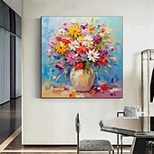 preiswerte Blumen-/Botanische Gemälde-3D-Blumengemälde, handgefertigt, Palettenmesser, Blumen, Gemälde, Wandkunst, groß, rot, gelb, 3D-Strukturgemälde, moderne dekorative Gemälde, handgefertigt, Impressionismus, abstraktes Blumenölgemälde