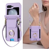 cheap Samsung Cases-Phone Case For Samsung Galaxy Z Flip 7 Z Flip 6 Z Flip 5 Z Flip 4 Z Flip 3 Back Cover Ring Holder with Lanyard with Wrist Strap Retro TPU PU Leather