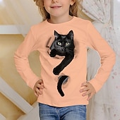 billiga Flickans 3D-djur-Flickor 3D Grafisk Djur Katt T-shirt Långärmad Vår Höst Mode Grundläggande Barn 4-12 år Rund hals Utomhus Ledigt Dagligen Normal