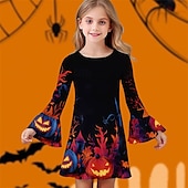 halpa Tyttöjen Halloween-asut-Halloween Tyttöjen 3D Kuvitettu Kurpitsa Mekko Ruffle mekko Pitkähihainen Kesä Kevät Päivittäin Pyhäpäivä Loma Kaunis Halloween Custom Lapset 4-12 vuotta Rento mekko Polvipituinen Polyesteri Normaali