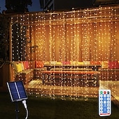 abordables Guirlandes solaires-Rideau lumineux solaire d&#039;extérieur avec télécommande, 8 modes d&#039;éclairage, guirlande lumineuse 3 x 3 m, 300 LED, étanche IP65, pour Noël, fête, mariage, maison, jardin, mur, salon, chambre à coucher,