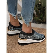 Χαμηλού Κόστους Γυναικεία Sneakers-γυναικεία μαύρα slip-on αθλητικά παπούτσια διακοσμημένα με στρας – ελαφριά, αστραφτερά αθλητικά παπούτσια για casual ντύσιμο