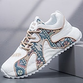 cheap Men&#039;s Sneakers-Men&#039;s White Athletic Sneakers with Tribal Print and Mesh Upper – Lightweight Running Shoes for Sports and Casual Wear