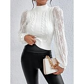 voordelige Effen kleuren-Dames Trui Elegant Modieus Dagelijks Effen Kleur Kabel Strakke ronde hals Kant Uitlopende mouw Lange mouw Normale tops breien Werk Wit Herfst Winter