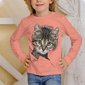 billiga Flickans 3D-djur-Flickor 3D Grafisk Djur Katt T-shirt Långärmad Vår Höst Mode Grundläggande Barn 4-12 år Rund hals Utomhus Ledigt Dagligen Normal