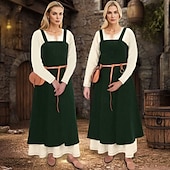 ieftine Rochie-Șorț viking medieval pentru femei, cu rochie tunică cu dantelă la spate, 2 buc ținute pentru larp ren faire târg renascentist, carnaval, rochie de halloween