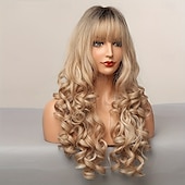 economico Parrucche trendy sintetiche-parrucche lunghe con radici scure, parrucca sintetica ondulata e sciolta con frangia per le donne, per feste quotidiane e cosplay