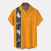 お買い得  ハロウィンシャツ-Halloween 男性用 ゴースト ハロウィーンコスチューム ボーリングシャツ ボタンアップシャツ 半袖 ハワイアン カジュアル バケーション 日常 夏 折襟 ボタンアップ 3Dプリント イエロー