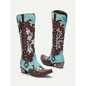 levne Cowboy &amp; Western Boots-dámské tyrkysové a hnědé westernové kovbojské boty z umělé kůže se zdobením a cvočkovými detaily - vysoké boty ke kolenům pro rodeo a festivalové nošení