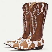 levne Cowboy &amp; Western Boots-pánské westernové kovbojské boty s hnědým a bílým kravským potiskem – vyšívaný design z umělé kůže, ideální pro rodeo, běžné nošení a venkovskou módu