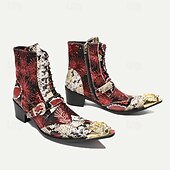 baratos Botas de couro premium-Botas de Motocicleta em Couro de Vaca Premium Masculinas com Cadarço e Fivela de Dragão com Ponta Dourada Padrão de Pele de Cobra e Lantejoulas–Estilo Western Ousado para Eventos de Motocicleta e