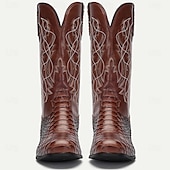 levne Cowboy &amp; Western Boots-pánské hnědé westernové kovbojské boty se vzorem hadí kůže a vyšívaným dříkem – boty z umělé kůže ve vintage stylu pro rodeo a běžné nošení