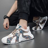 cheap Men&#039;s Sneakers-Men&#039;s White Athletic Sneakers with Tribal Print and Mesh Upper – Lightweight Running Shoes for Sports and Casual Wear