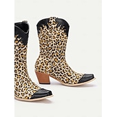 levne Cowboy &amp; Western Boots-dámské westernové kovbojské boty s leopardím vzorem s černými akcenty z umělé kůže – špičatá špička a blokový podpatek, ideální pro odvážné módní výrazy a běžné nošení