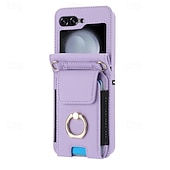 cheap Samsung Cases-Phone Case For Samsung Galaxy Z Flip 7 Z Flip 6 Z Flip 5 Z Flip 4 Z Flip 3 Back Cover Ring Holder with Lanyard with Wrist Strap Retro TPU PU Leather