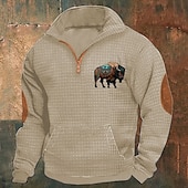 levne Základní mikiny_-Pánské Waffle mikina Mikina Čtvrtletní mikina na zip Černá Námořnická modř Khaki Tmavě šedá Šedá Poloviční zip Grafika Kráva Tisk Slátanina Přední kapsa Čtvrtletní zip Denní Dovolená Jdeme ven Šik
