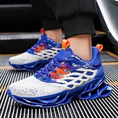 cheap Men's Running Shoes-Men's Blue Athletic Sneakers with Unique Hollow Sole Design, Breathable Knit Upper, and Flame Detail – Lightweight Running Shoes with Orange Accents
