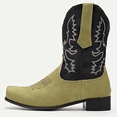 levne Cowboy &amp; Western Boots-pánské zelenočerné westernové kovbojské boty z umělého semiše s vyšívaným designem - klasické boty ve vintage stylu pro rodeo a outdoorové nošení