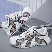 cheap Men&#039;s Sneakers-Men&#039;s White Athletic Sneakers with Tribal Print and Mesh Upper – Lightweight Running Shoes for Sports and Casual Wear