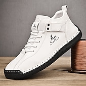 cheap Ankle Boots-Men&#039;s White Faux Leather High-Top Ankle Boots – Handcrafted Stitching, Lace-Up Design with Velcro Strap, Rugged Non-Slip Sole for Outdoor and Casual Wear