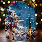 お買い得  サンタクロースの衣装-クリスマス メンズ サンタクロース プリント シャツ サンタクロース カジュアル ボタンアップ 長袖 パーティー イブニング 秋 冬 春&amp;amp;夏用カラーボタンアップ 3Dプリント 薄手ブルーポリエステル