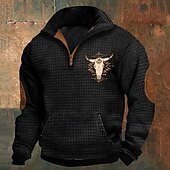 baratos Suéteres básicos-Homens Moletom Waffle Moletom Moletom com zíper Preto Branco Azul Marinha Cáqui Cinzento Escuro Meio Zíper Gráfico Vaca Imprimir Patchwork Bolso frontal Quarter Zip Diário Feriado Para Noite Poliéster