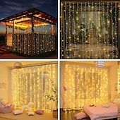 abordables Guirlandes solaires-Rideau lumineux solaire d&#039;extérieur avec télécommande, 8 modes d&#039;éclairage, guirlande lumineuse 3 x 3 m, 300 LED, étanche IP65, pour Noël, fête, mariage, maison, jardin, mur, salon, chambre à coucher,
