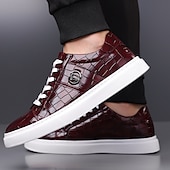 voordelige Herensneakers-Heren burgundy krokodillenpatroon imitatie leren sneakers met vetersluiting – stijlvolle casual schoenen voor dagelijks gebruik