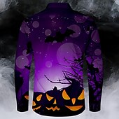 お買い得  ハロウィンシャツ-Halloween カボチャ コウモリ カジュアル ビジネスカジュアル 男性用 ボタンアップシャツ 長袖 パーティー カジュアル 秋 冬 春夏 シャツカラー ボタンアップ 3Dプリント 薄手 パープル ポリエステル