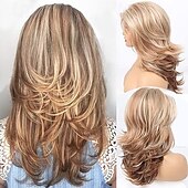 baratos Perucas Sintéticas sem Touca-perucas longas em camadas para mulheres peruca de cabelo cortado em camadas para meninas penteados longos com camadas peruca de substituição de cabelo sintético de fibra macia e resistente ao calor