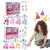 זול Party Supplies-סט נעלי התלבשות נסיכות, נעלי בית, שרשרת ועגילים - מתנת יום הולדת לילדות, משחק משפחתי, קופסת תכשיטי צעצוע להעמיד פנים - מושלם למשחק דמיון והבעה יצירתית