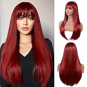 economico Parrucche trendy sintetiche-parrucca con frangia per donna parrucca lunga e liscia parrucca sintetica resistente al calore per ragazze uso quotidiano parrucca per feste di halloween cosplay