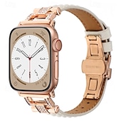 billiga Apple Watch-band-Läderband Kompatibel med Apple Watch klockband 38mm 40mm 41mm 42mm 44mm 45mm 49mm Elastisk Bling Diamond Fjärilsspänne Äkta Läder Strass Ersättningsurband för iwatch Ultra 2 Series 9 8 7 SE 6 5 4 3 2