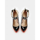cheap Stiletto Heels-Women&#039;s Black Patent Leather Platform Stiletto Heels with Red Sole, Studded Spiked Ankle Straps, Sexy High Heels for Night Out, Parties, and Clubwear