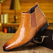 baratos Botas do Chelsea-Botas chelsea masculinas pretas com padrão de crocodilo em couro sintético - elegantes botas de cano curto sem cadarço para uso formal e profissional