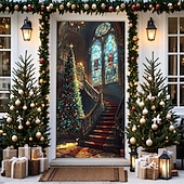 billige juledørdeksler-juledørdekorasjoner dørdeksler juletre farget glass dør billedvev dør gardin dekorasjon bakteppe dør banner for inngangsdør gårdshus ferie fest dekor forsyninger innendørs/utendørs