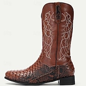 levne Cowboy &amp; Western Boots-pánské hnědé westernové kovbojské boty se vzorem hadí kůže a vyšívaným dříkem – boty z umělé kůže ve vintage stylu pro rodeo a běžné nošení
