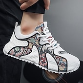 cheap Men&#039;s Sneakers-Men&#039;s White Athletic Sneakers with Tribal Print and Mesh Upper – Lightweight Running Shoes for Sports and Casual Wear
