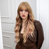 cheap Synthetic Trendy Wigs-Synthetic Wig Curly Wavy Neat Bang With Bangs Machine Made Wig 26 inch Gold Pink Synthetic Hair Women&#039;s Cute Cosplay Party Blonde