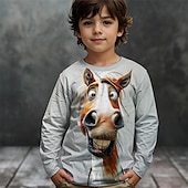 billiga Pojkens 3D-djur-Pojkar 3D Grafisk Djur Häst T-shirt Långärmad Vår Höst Mode Grundläggande Barn 4-12 år Rund hals Utomhus Ledigt Dagligen Normal