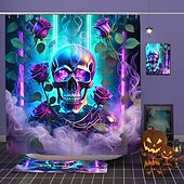 baratos Cortinas de Banho-cortina de chuveiro de halloween com ganchos para banheiro cortina de chuveiro de caveira conjunto de decoração de banheiro poliéster à prova d&#039;água pacote com 12 ganchos de plástico cabeças de
